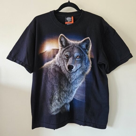 Rock Eagle Classic T Shirt Men US L EUR42-44 Black Lone Wolf Print SS Y2K Grunge - Picture 1 of 10